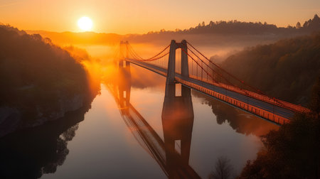 Golden gate bridge over the Danube river at sunrise in Budapest, Hungaryの素材