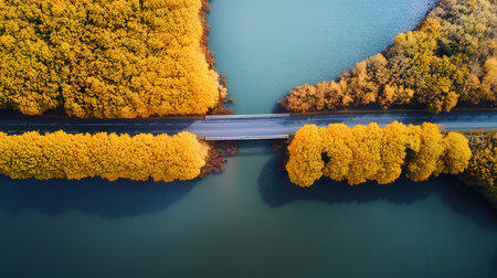 Aerial view of the road on the lake in autumn, Polandの素材