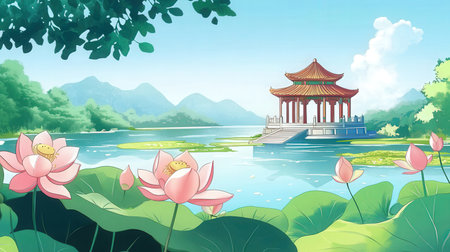 Landscape with pavilion and lotus flower. Vector illustration.の素材
