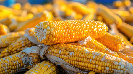 Fresh corn on the cob ready for harvest. Close-up.の素材