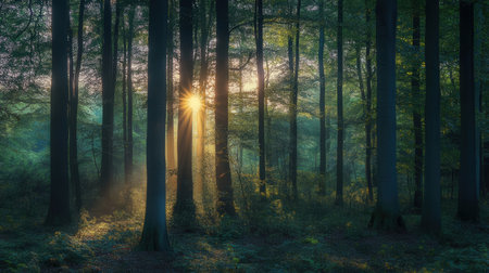 Sunset in the forest with sun rays in the morning. Panoramaの素材