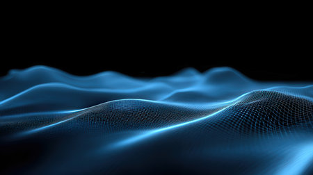 3D render of futuristic blue digital wave with particles on black backgroundの素材