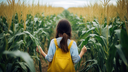 A girl in a yellow apron stands in a corn field.の素材