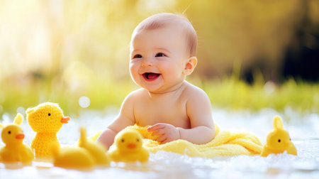 Cute baby boy playing with yellow ducklings in water on sunny summer dayの素材