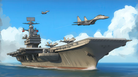 futuristic aircraft carrier flying in the sky - 3d illustrationの素材