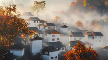 Foggy morning in the village. Colorful autumn landscape.の素材