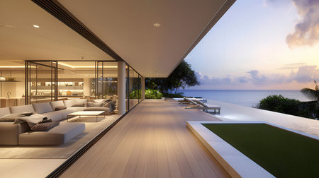 3D rendering of a beautiful villa by the sea at sunsetの素材