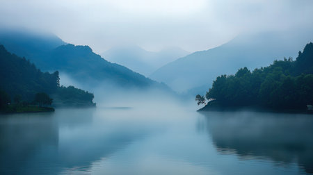 Beautiful landscape of foggy morning at the lake in the mountainsの素材