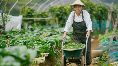 Asian senior woman working in the vegetable garden with a wheelbarrowの素材
