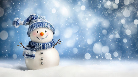 Snowman on snow with bokeh and snowflakes backgroundの素材