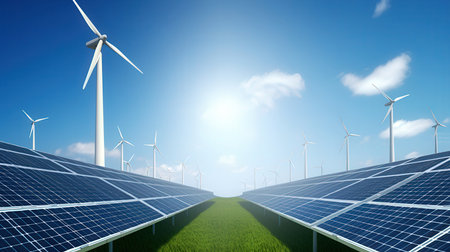 Solar panels and wind turbines against blue sky with clouds 3D renderingの素材