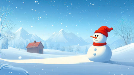 Snowman in the winter landscape. Vector illustration for your design.の素材