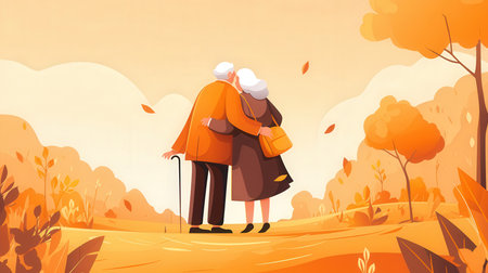 Elderly couple walking in autumn park vector illustration. Cartoon old man and woman walking together in fall season.の素材
