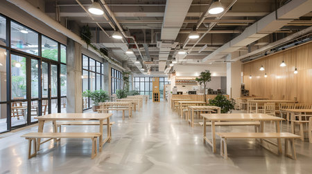 Interior of a modern cafe with wooden tables and chairs, stock photoの素材