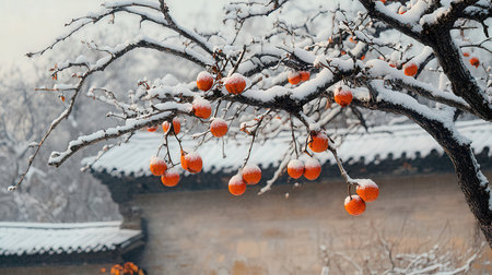 Hanging orange persimmon on a tree branch in winter.の素材