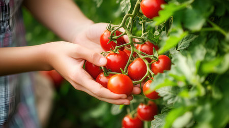 Close-up of a child's hand picking tomatoes in the gardenの素材