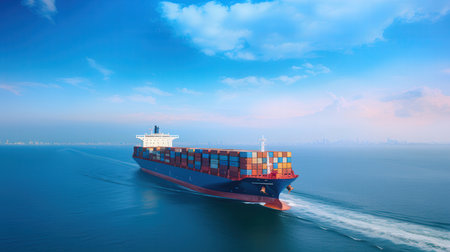 Container Cargo freight ship with working crane bridge in sea for Logistic Import Export backgroundの素材