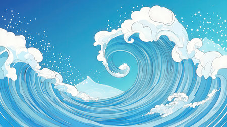 Blue sea background with waves and clouds. Vector illustration for your designの素材