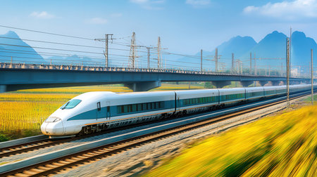 High speed train with motion blur of high speed train on the roadの素材