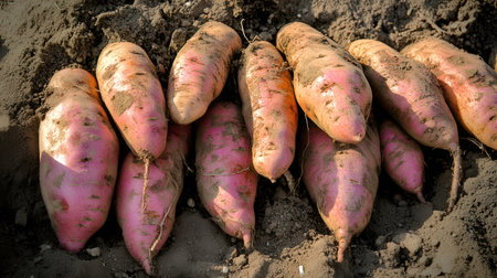 Freshly dug sweet potatoes on the ground in the vegetable garden.の素材