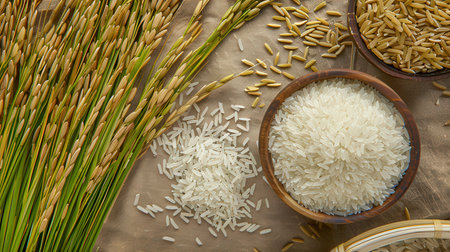 Paddy rice and rice seed in wooden bowl and rice spike on sackcloth backgroundの素材