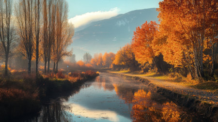 Beautiful autumn landscape with river, trees and mountains in the backgroundの素材
