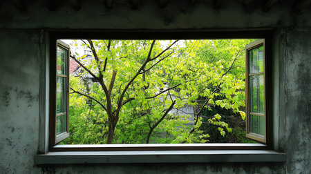 Green tree on the window in the old house. Spring time.の素材