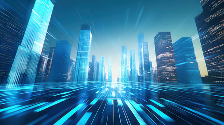 Digital data flow over modern skyscrapers, 3D rendering illustrationの素材