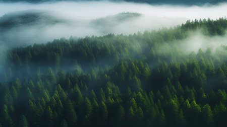 Aerial view of foggy coniferous forest in the mountainsの素材