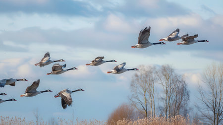 Geese flying in a blue cloudy sky over a lake in winterの素材
