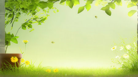 Spring background with green grass, flowers and a butterfly. Copy space.の素材