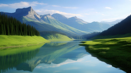 Mountain lake with reflection in the water. 3D illustration.の素材