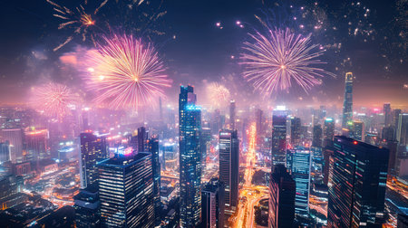 Beautiful firework over the cityscape of Shanghai, China.の素材