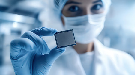 scientist in lab coat and mask holding cpu microchip in handの素材