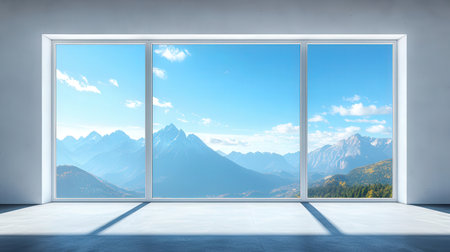 View of mountains through the window. 3d rendering, mock upの素材
