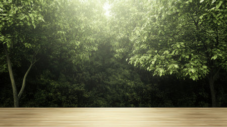 Wooden floor in the forest with trees and sunlight. 3d renderingの素材