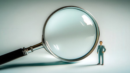 Magnifying glass and miniature businessman on white background. Selective focus.の素材