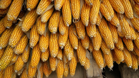Ripe corn on cobs ready for harvest, close-upの素材