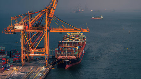 Container Cargo freight ship with working crane bridge in shipyard for Logistic Import Export backgroundの素材