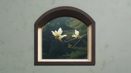 Magnolia flower in the window frame. 3D illustration. Vintage style.の素材