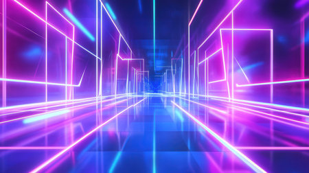 abstract futuristic corridor with neon lights and reflections 3d rendering backgroundの素材