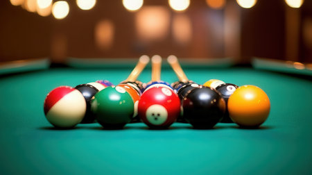 Billiard balls on green billiard table with bokeh backgroundの素材