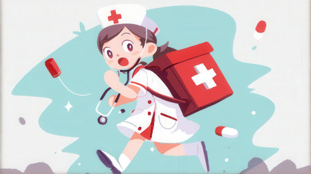 Illustration of a Kid Girl Running with a Stethoscope and a First Aid Kitの素材