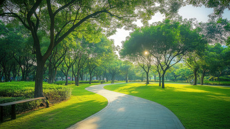 Green park with trees and pathway in the morning, nature background.の素材