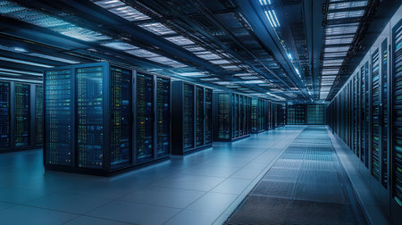 Server room data center. Backup, mining, hosting, mainframe, farm and computer rack with storage information.の素材