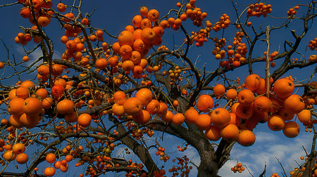 Orange rowan berries on a tree against a blue sky in autumnの素材
