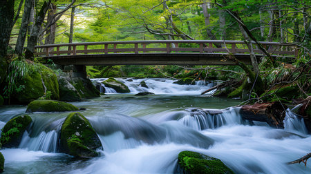 Waterfall in the forest with wooden bridge and green leaves in summerの素材