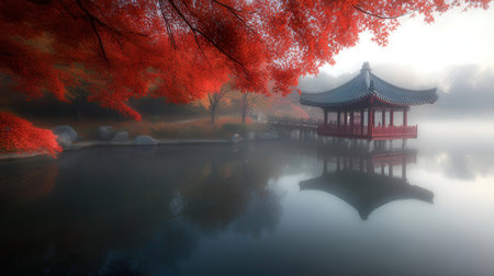 Autumn landscape with Chinese pavilion in the foggy forest.の素材