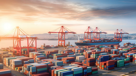 Container Cargo freight ship with working crane bridge at sunset for Logistic Import Export backgroundの素材