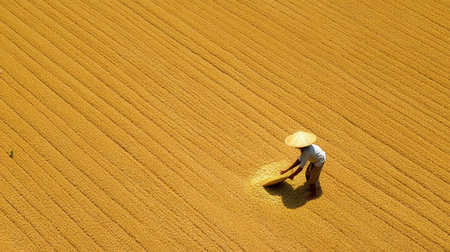 Aerial view of Vietnamese farmer working on rice field in the morningの素材
